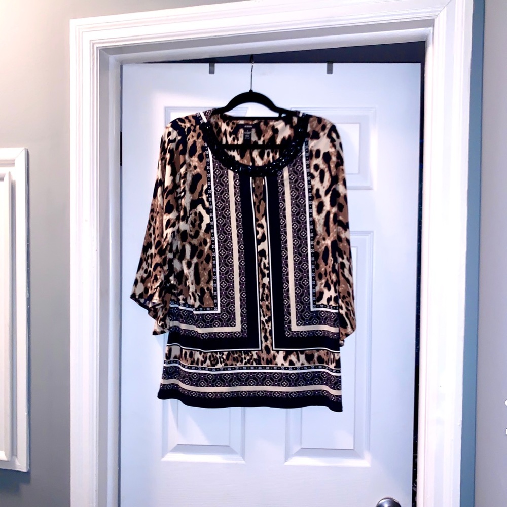 Alfani Leopard Print Blouse Beaded Neck Mixed Print Boho Top L - Picture 1 of 4